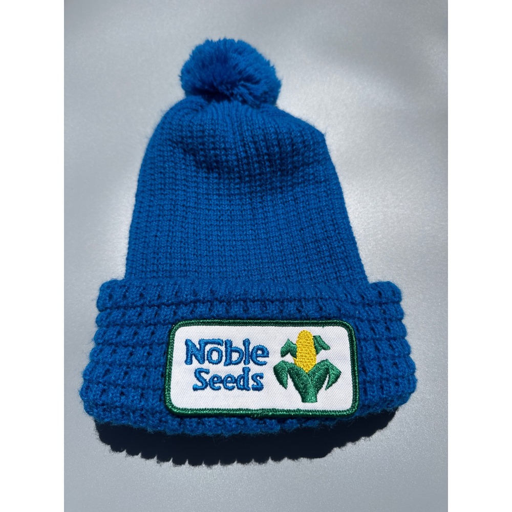Vintage Noble Seeds Blue Knit Beanie Hat‎ with Pom Pom Corn Patch Agriculture
